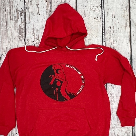 Vintage 80s Baltimore Blues Society Hoodie Red Pullover 1980s Sweatshirt - Picture 4 of 6